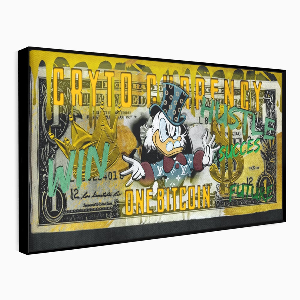 Tablou canvas cu tablou canvas cu donald duck si bitcoin, in rama de aluminiu negru